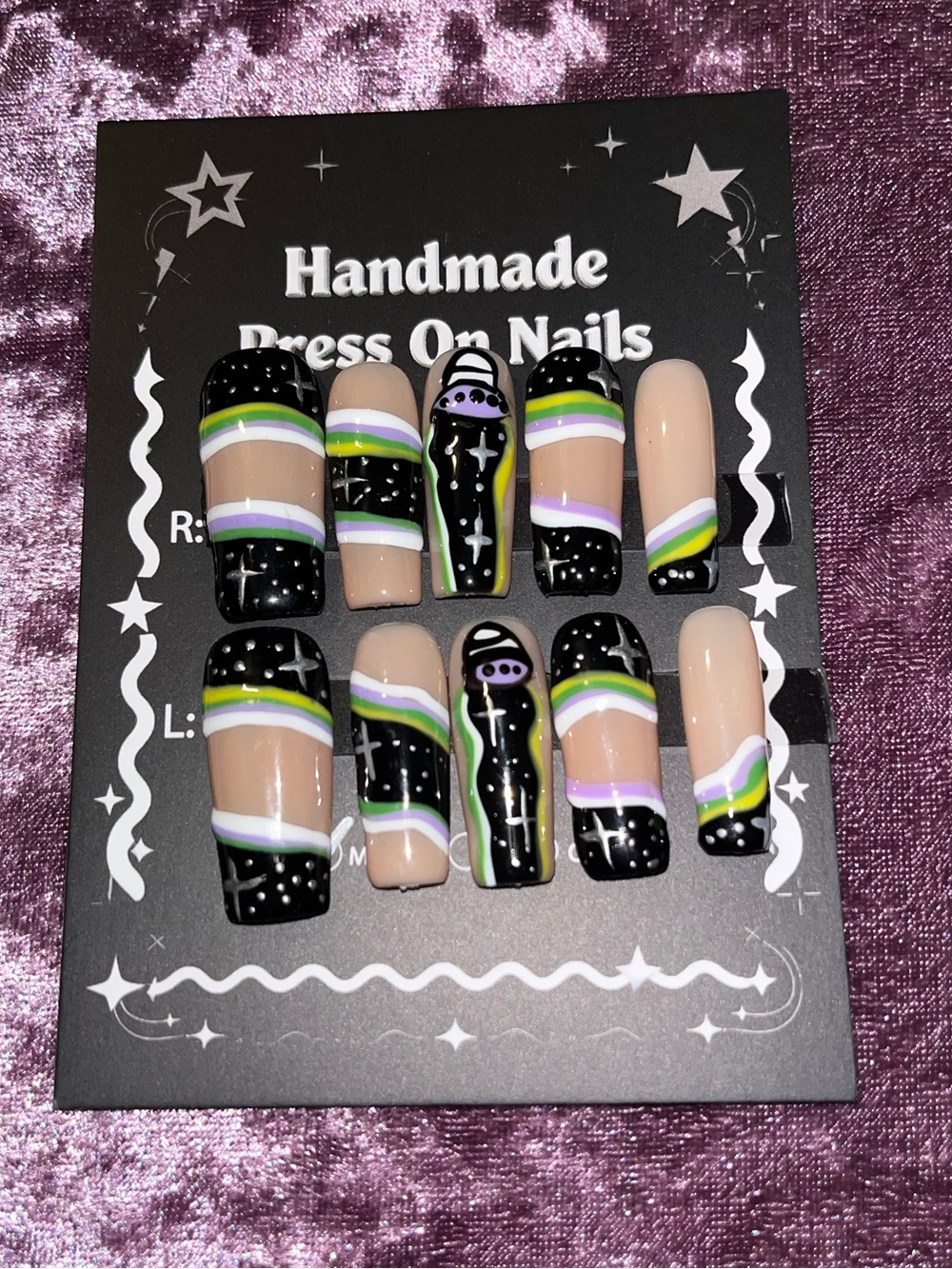 Handmade Press-On Nails – Black with Pastel Accent